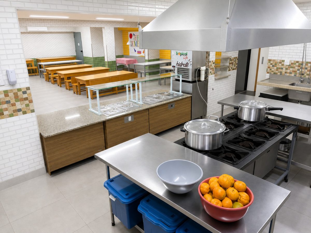 Cozinha própria com refeitório ao fundo