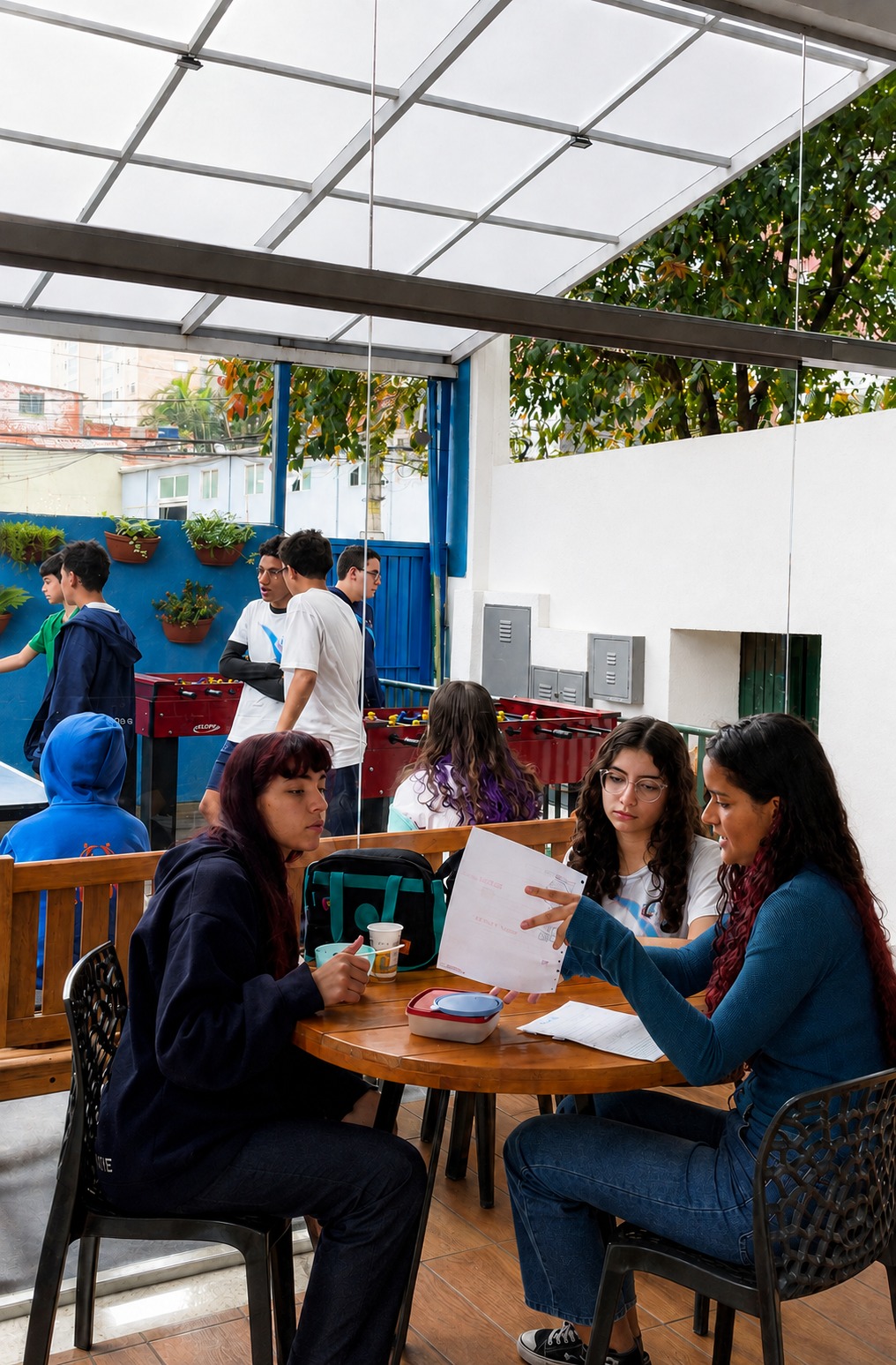 Alunas estudando juntas nas mesas do pátio