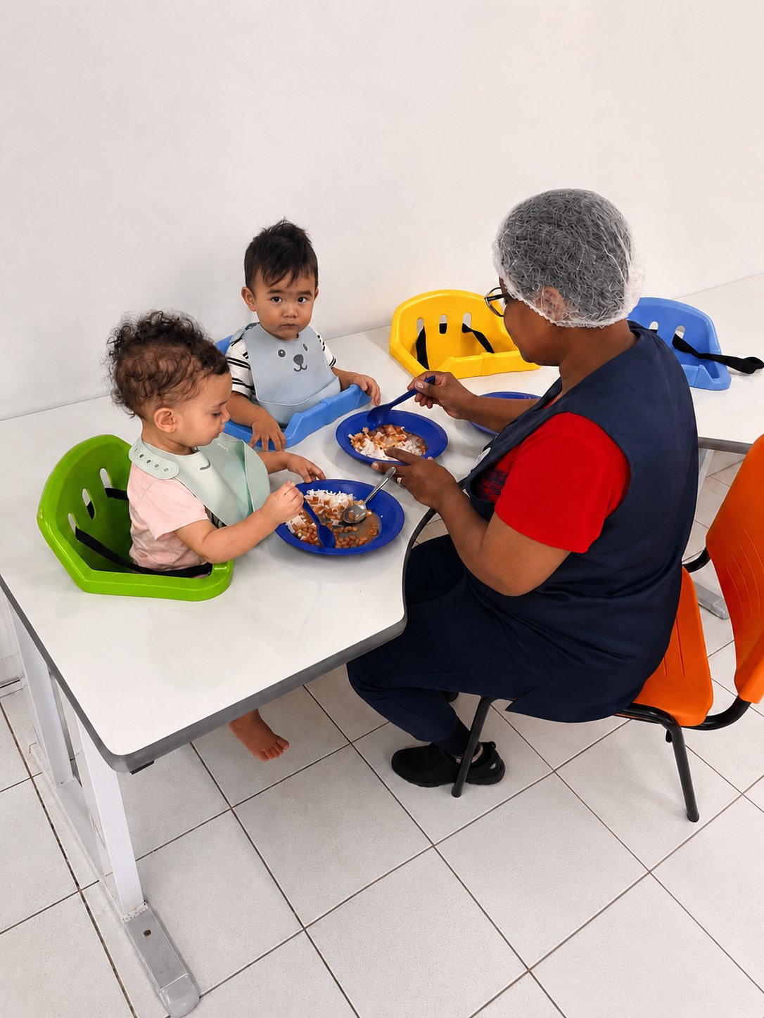 Bebês almoçando com auxílio da equipe no refeitório
