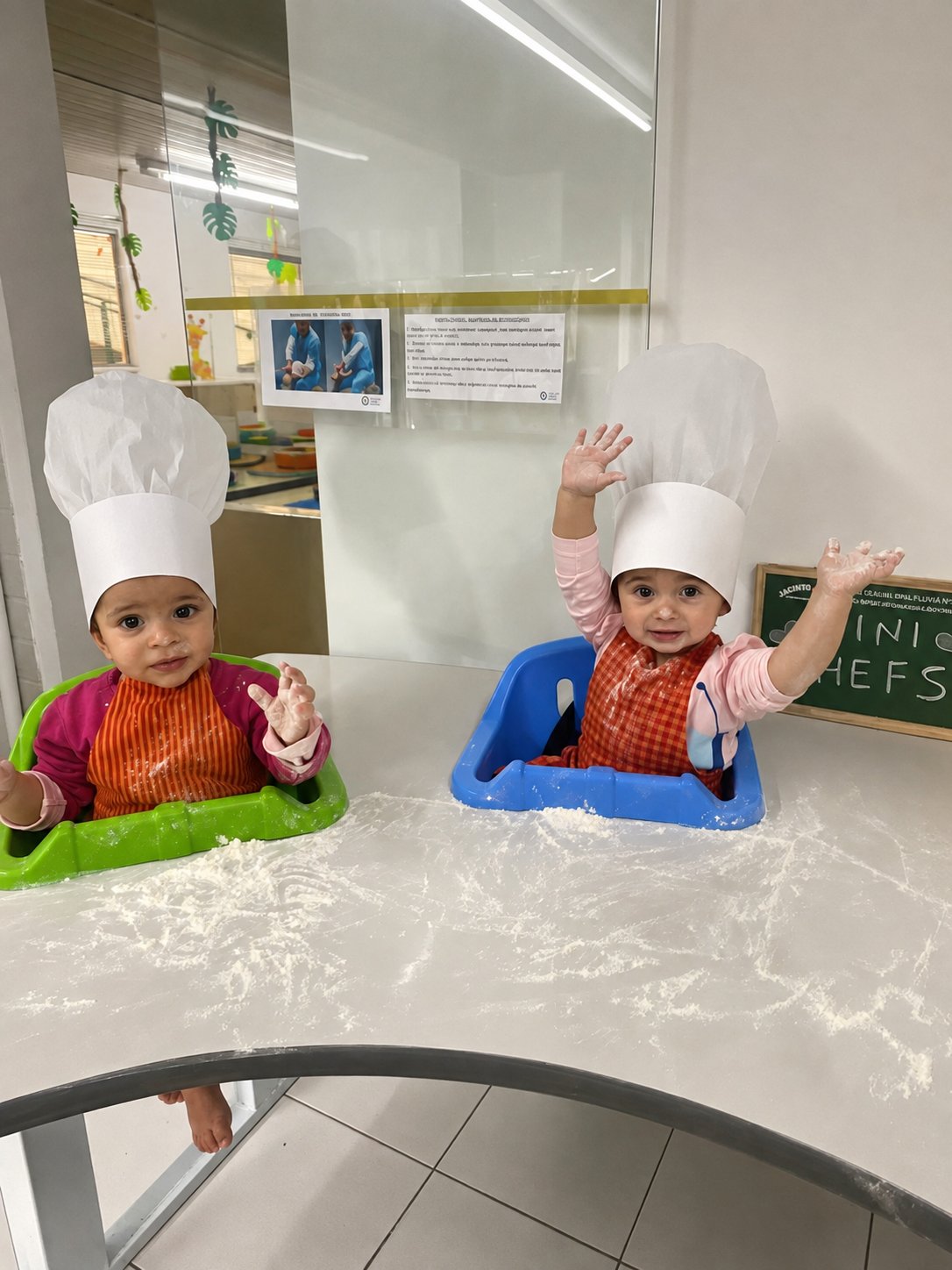Bebês de chapéu de chef na atividade de culinária