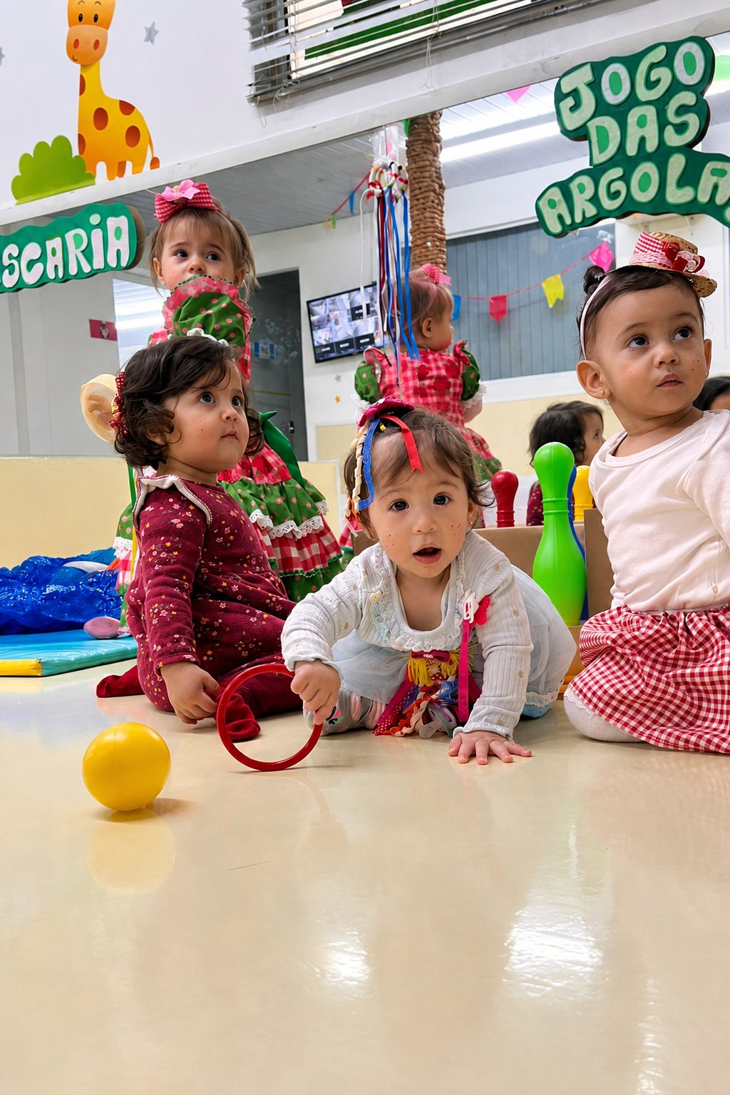 Bebês com trajes de festa junina na quermesse