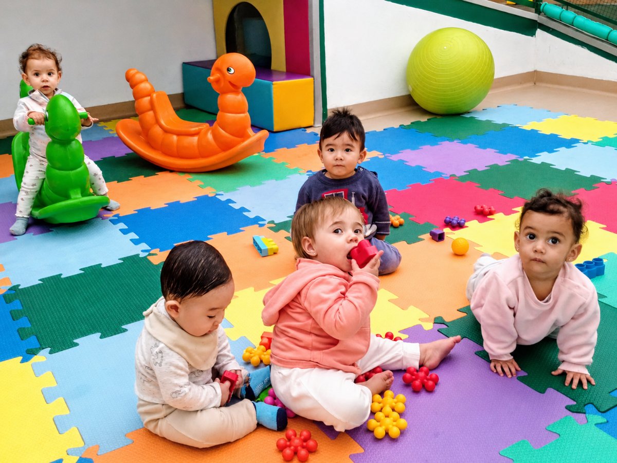 Bebês brincando no tapete colorido do solário