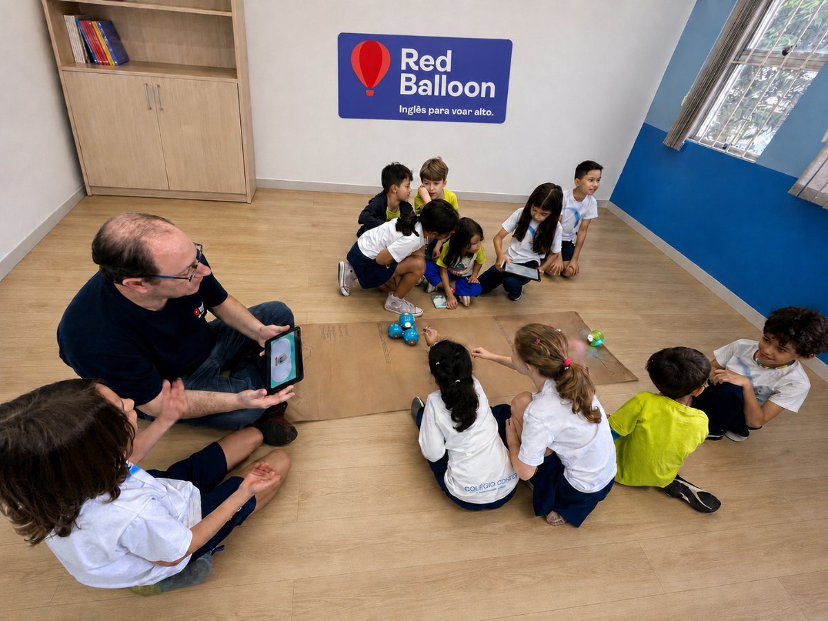 Professor de Inglês com alunos em atividade com robótica no chão da sala