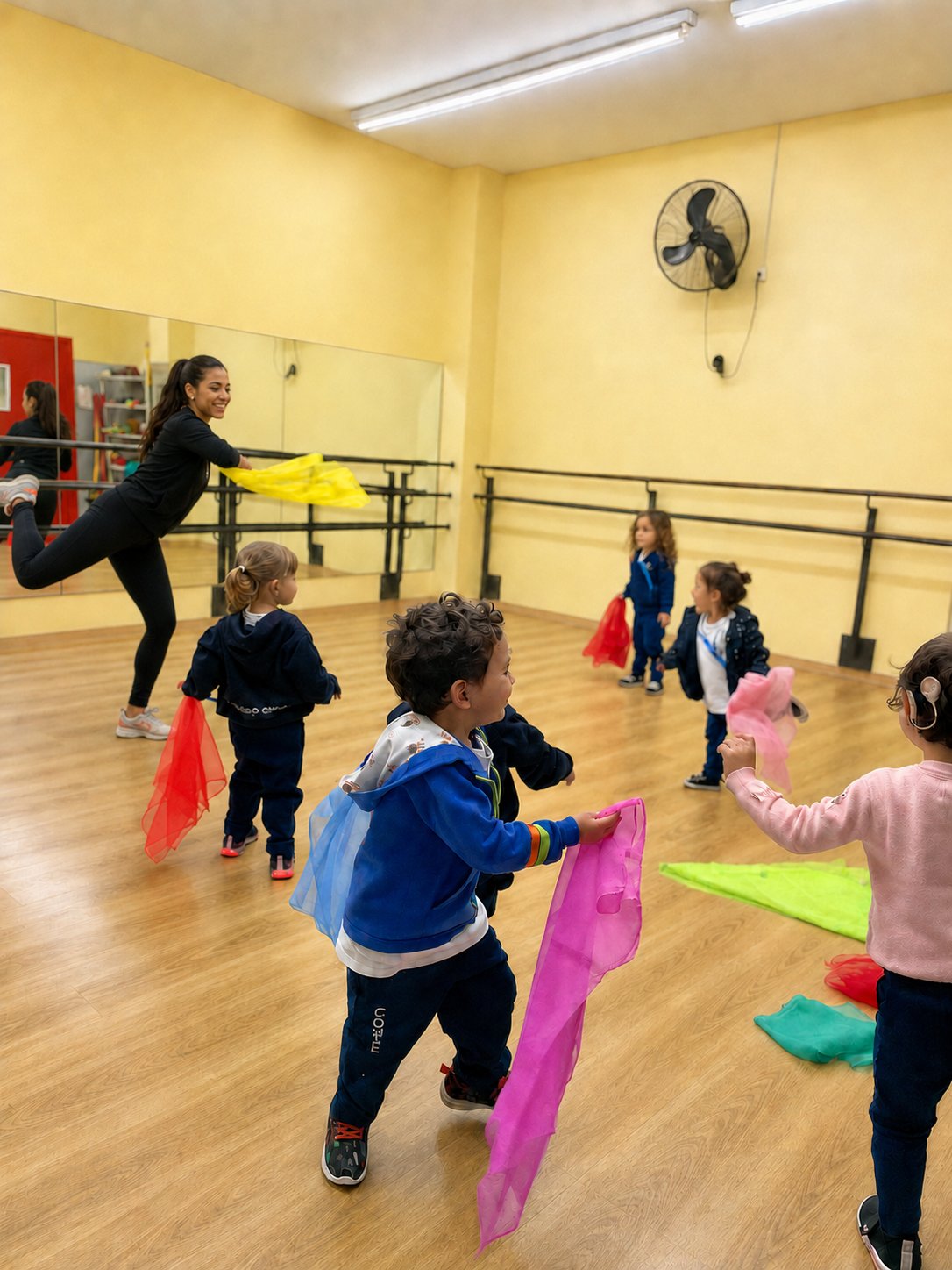 Crianças dançando com lenços coloridos no estúdio de dança
