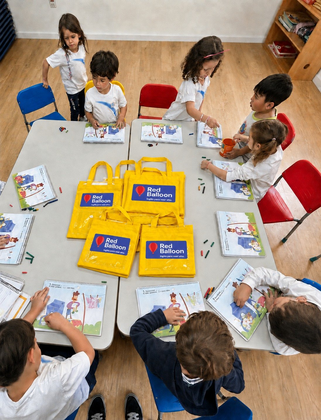 Crianças em aula de Inglês com material da Red Balloon